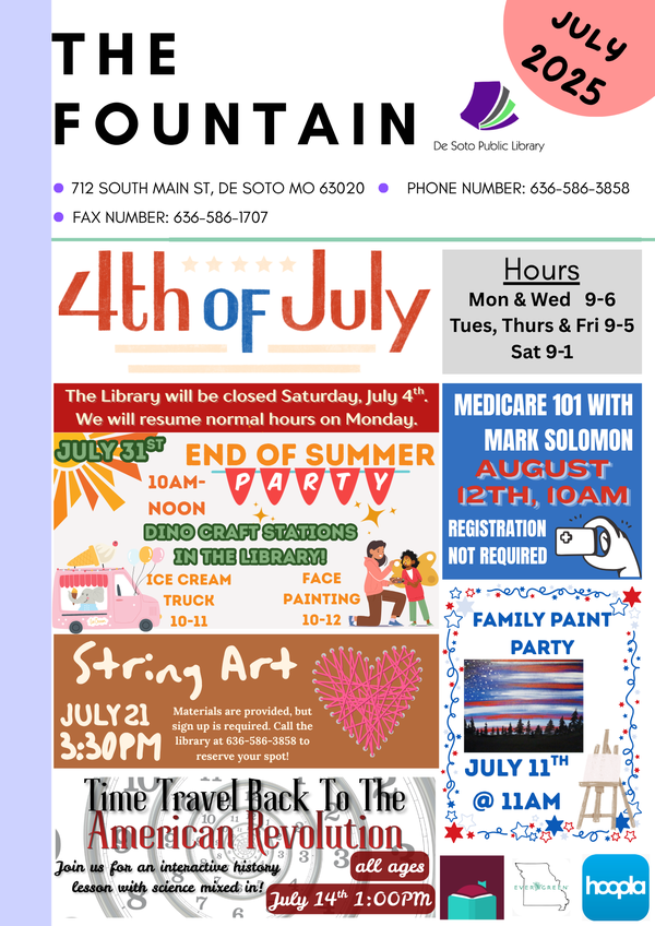 A two page newsletter containing all of the library's programs and events for the month.
